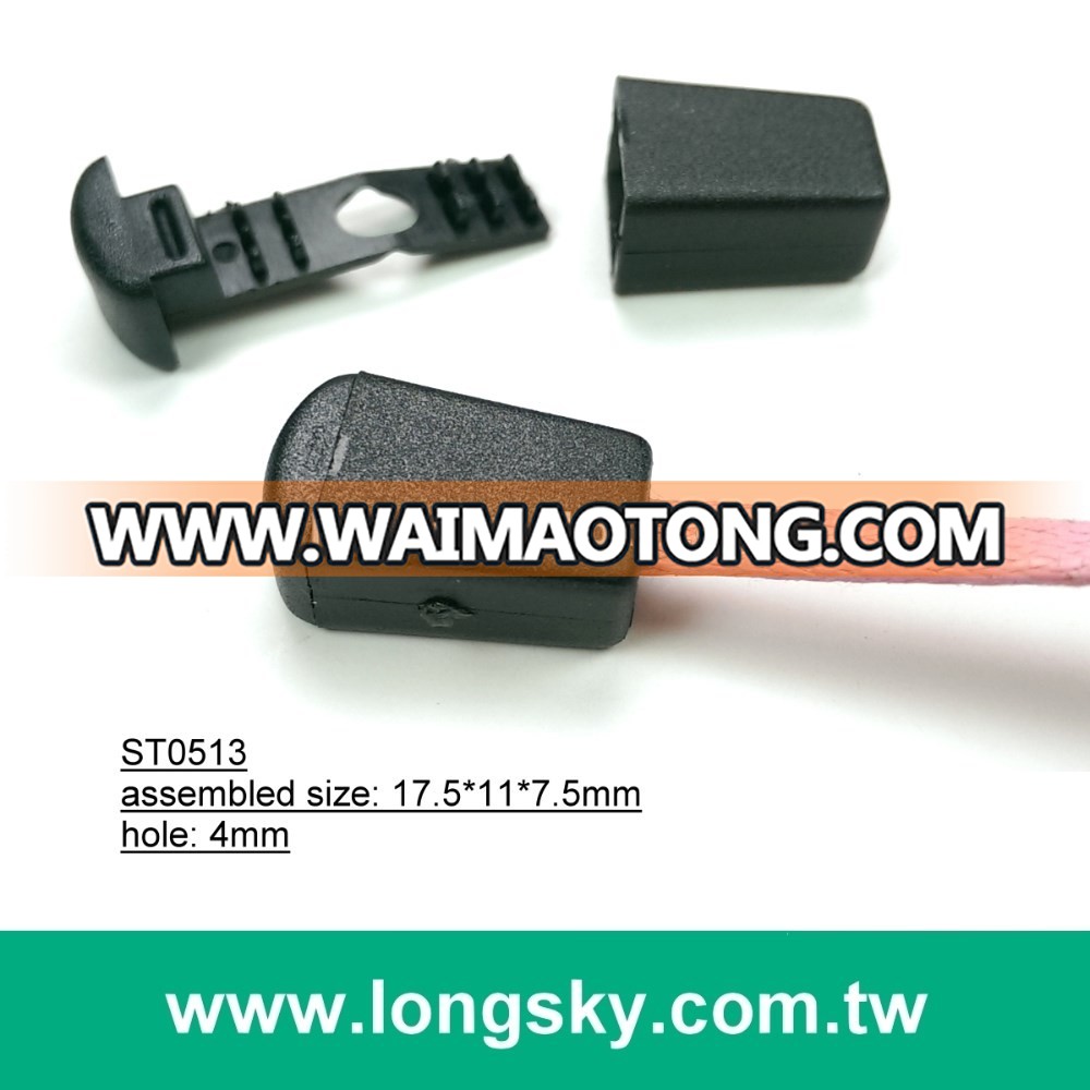 (#ST0513) plastic stopper cord lock,plastic cord lock, plastic cord end for raincoat